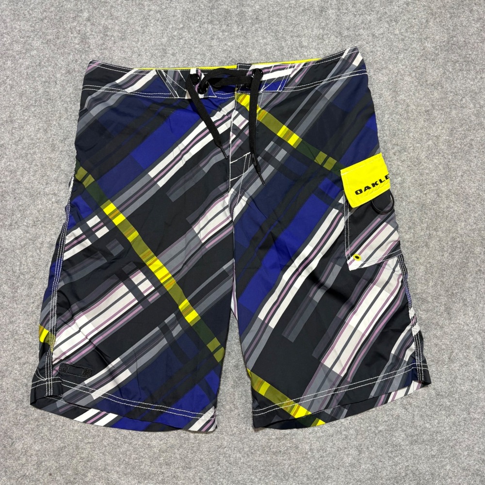 Oakley Mens Plaid Board Shorts Blue Black Neon Yellow Size 32 Swim Trunks Cargo